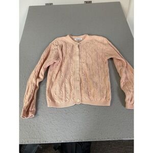 Talbots Sweater Womens Medium Pink 100% Cotton Cable Knit Button Cardigan